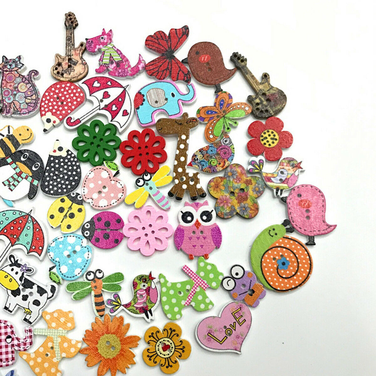 50pcs Mixed Color Wooden Cartoon Animal Buttons 2 Holes Sewing Button Craft DIY
