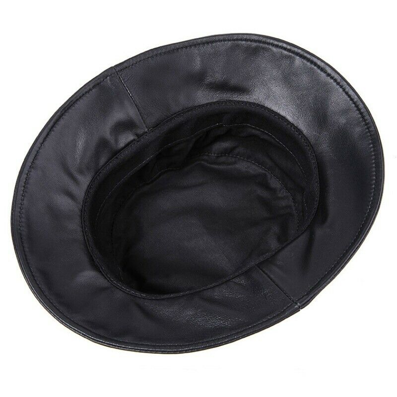 Unisex Bucket Bush Fishing Hat Cap Sheepskin Leather Black Wide Brim Winter Warm