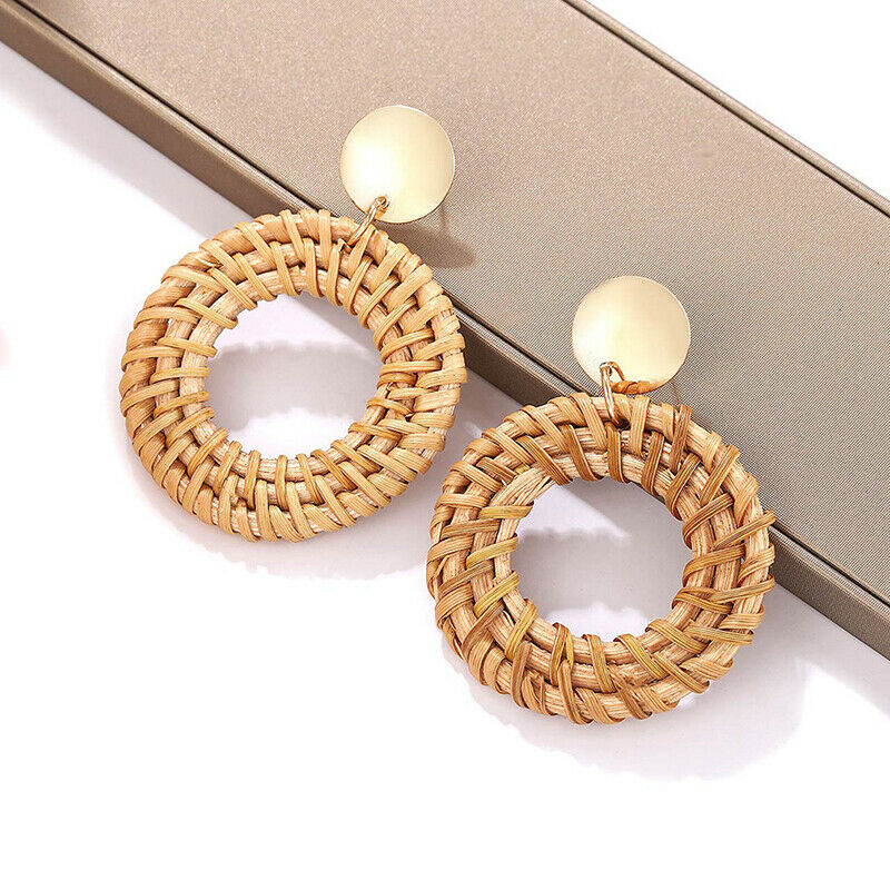 Korea Bamboo Wooden Straw Weave Rattan Knit Vine Circle Earrings for Wom.l8