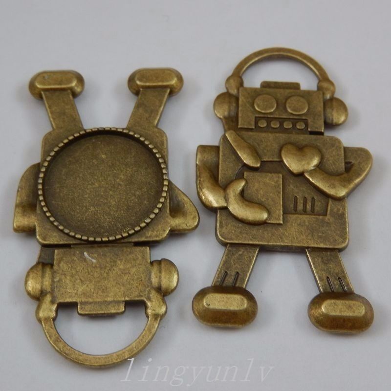 6 pcs Antiqued Bronze Round 19mm Cameo Base Robot Charms Necklace Pendant