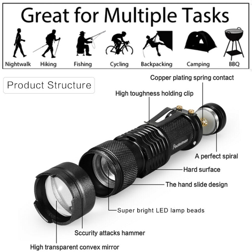 Bright 8000LM Q5 LED Flashlight Mini Zoomable Torch Potable Light For Hiking