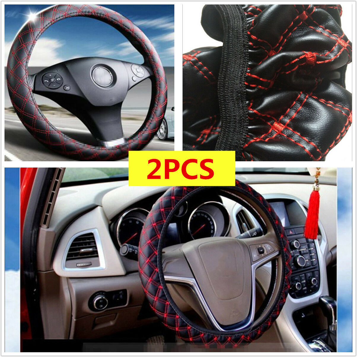 2PCS black & red DIY PU Leather Car Truck Auto Steering Wheel Cover 38cm