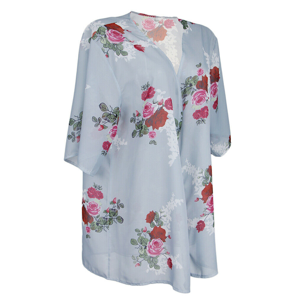 Summer Floral Prints Chiffon Cardigan Kimono Beachwear Top Bikini Cover Up Gray