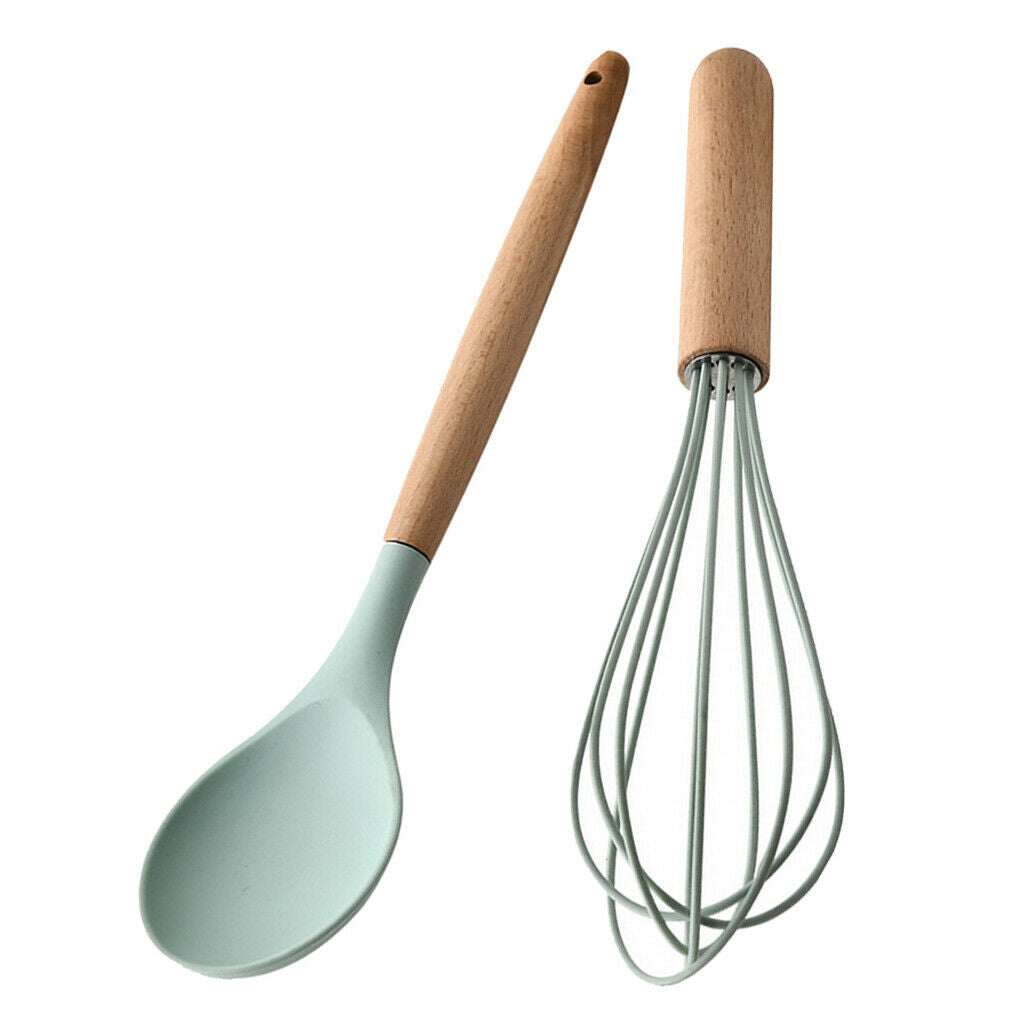 2Pieces Spoon Egg Whisk Cooking Utensil Set Wooden Handle Baking Household