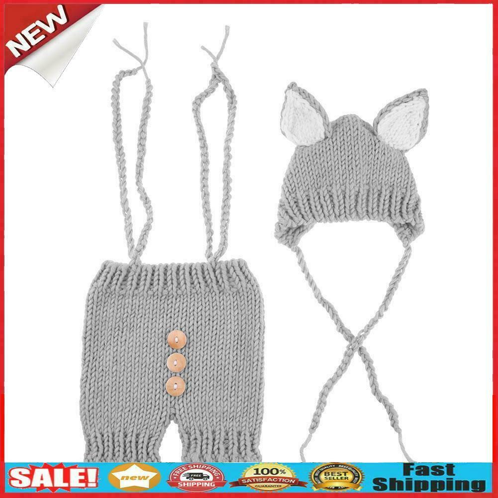 2pcs Cute Baby Studio Photography Props Clothing Set Knitted Overalls + Hat @