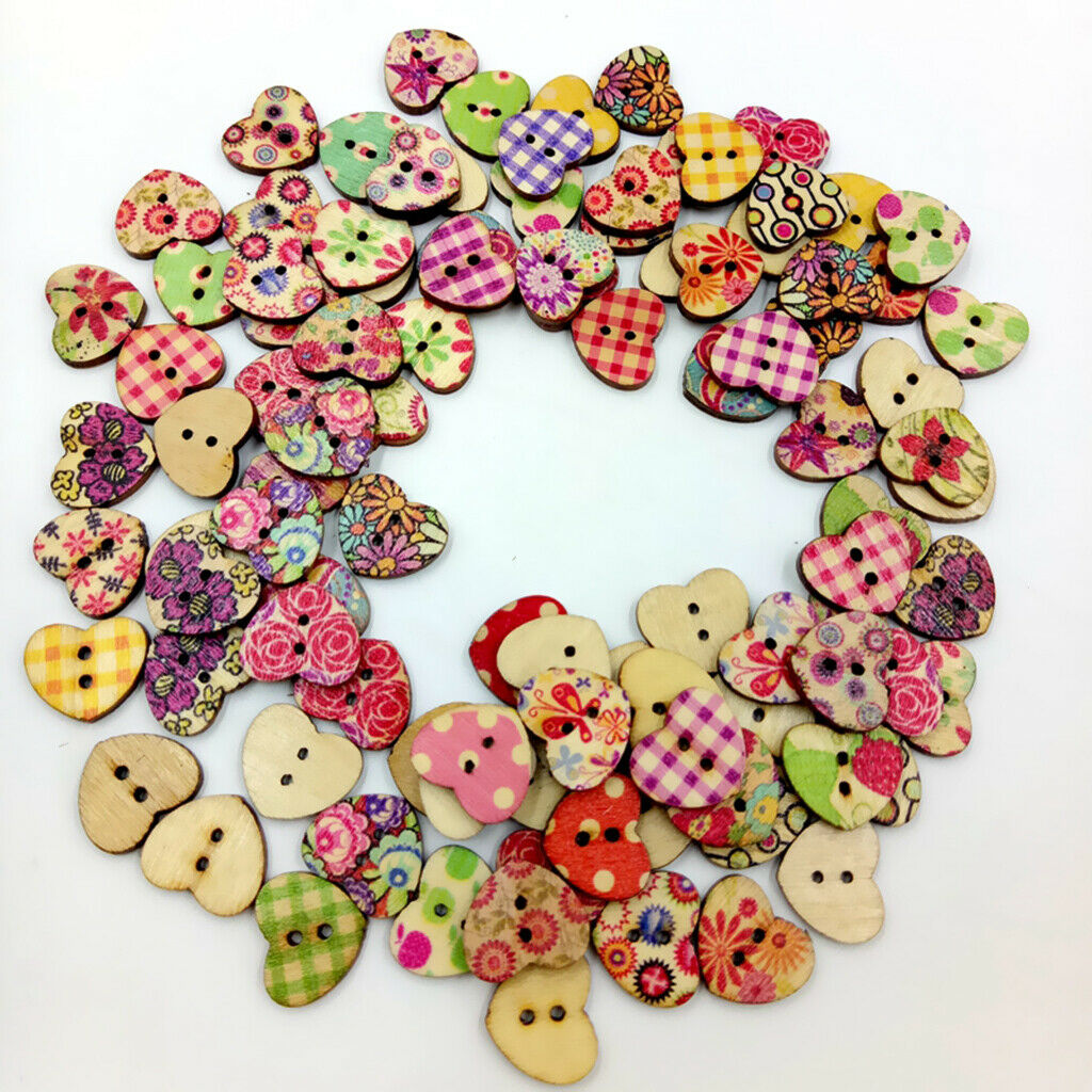 100 Mixed Wooden Heart Buttons For Sewing Crafting DIY Scrapbooking Flatback