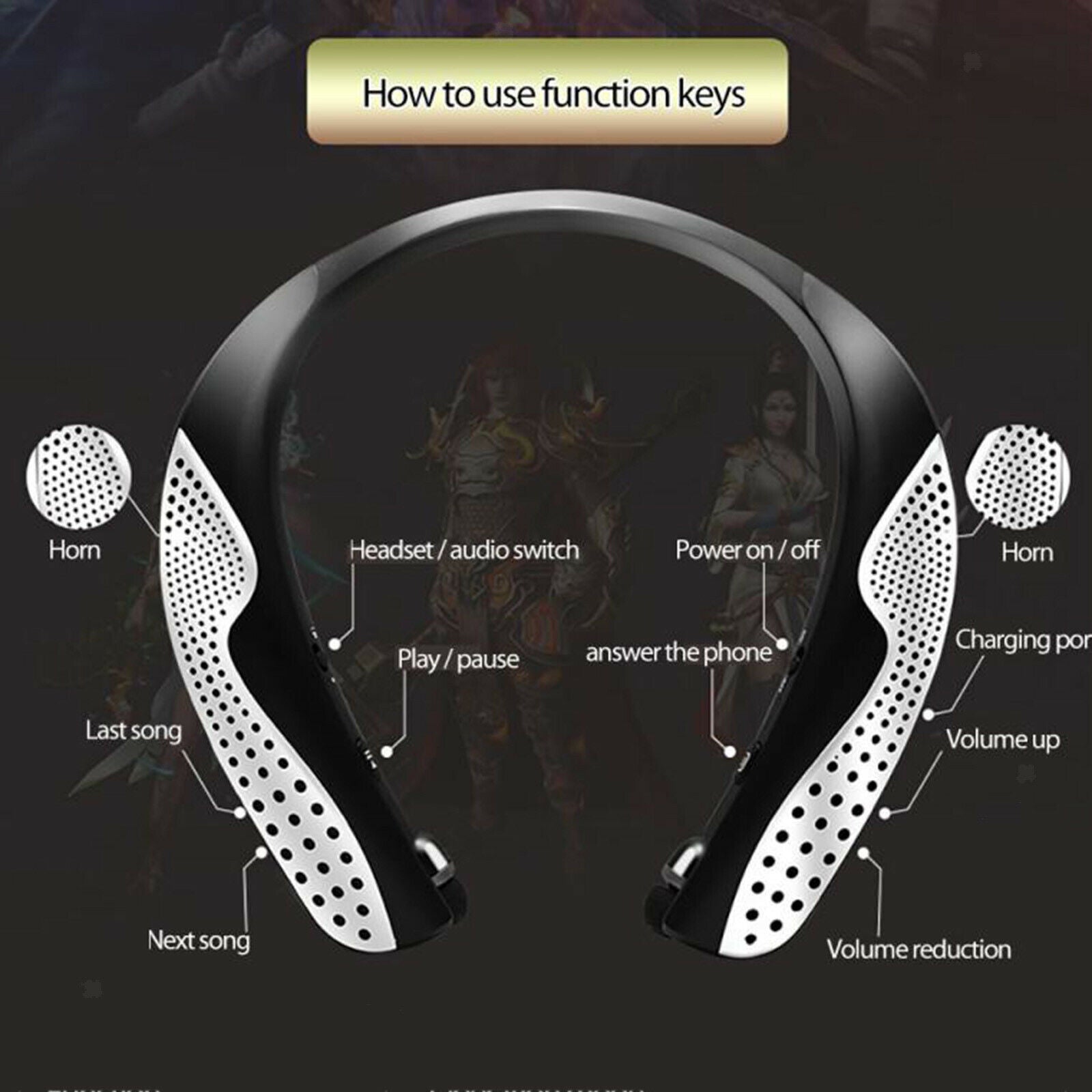 Neckband Wearable Wireless Speaker w/Retractable Earbuds with Mic Handsfree