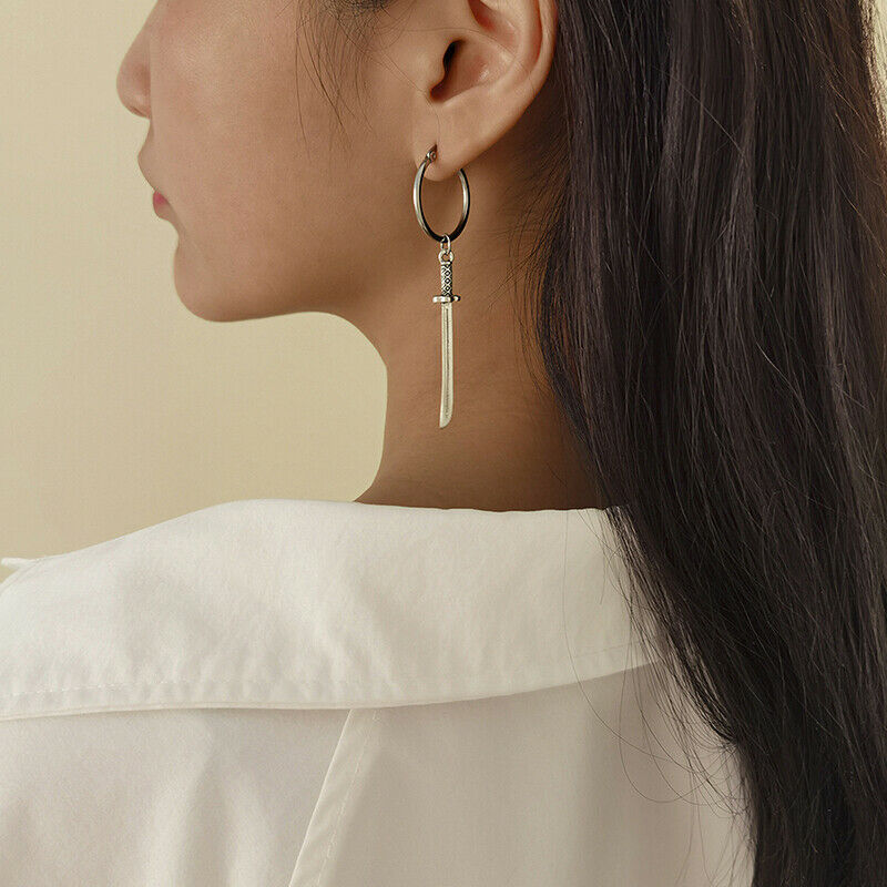 Fashion Sword Shape Pendant Tassel Drop Dangle Earrings Stud Women Men Je.l8