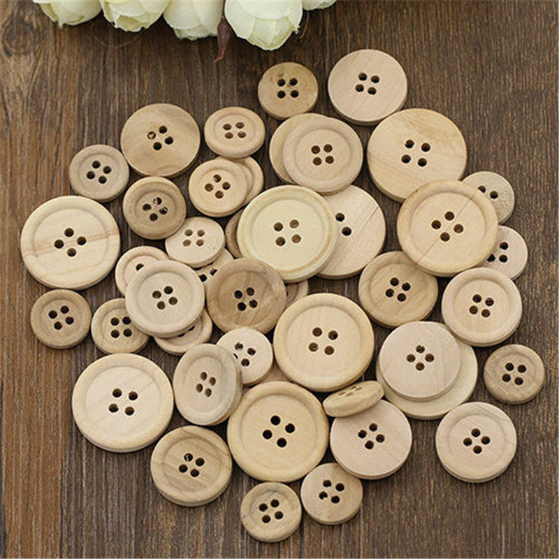 50x Mixed DIY Wooden Buttons Natural Color Round 4-Holes Sewing Scrapbooking