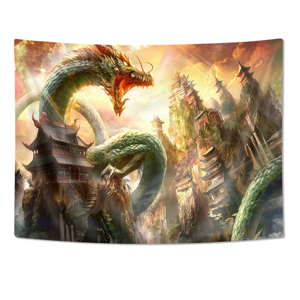 36x24" The Dragon Attacks The Town Tapestry Wall Hanging Blanket Wall Art