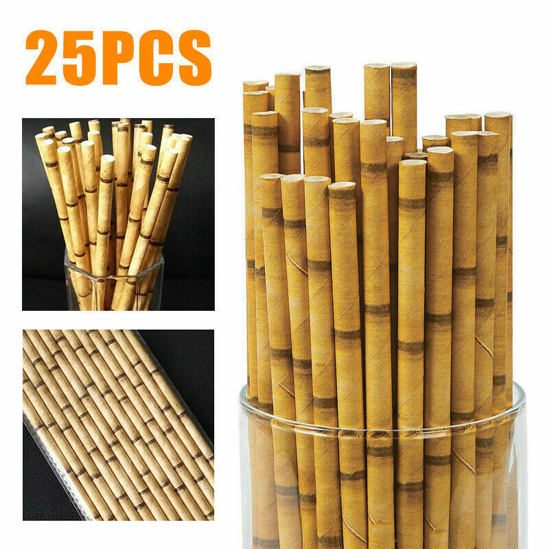 25pcs Paper Straws Bamboo Print Straws Hawaiian Jungle Tropical Bamboo Pr.l8