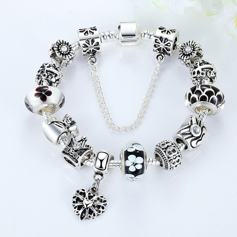 European DIY Charms Bracelet Christmas With Black Flowers Beads Women Jewelry