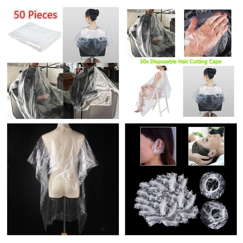 100Pcs Disposable Hair Cut Cape Gown Unisex Capes Apron + 100 Ear Cover