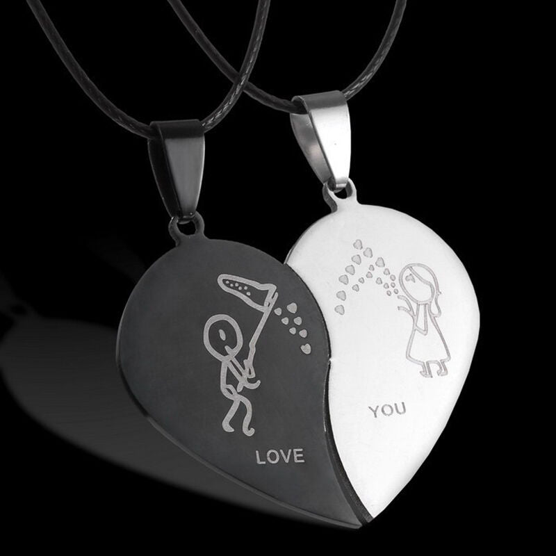 Couple Broken Heart Pendant Black Cord Engrave Love You Choker Necklace  .l8