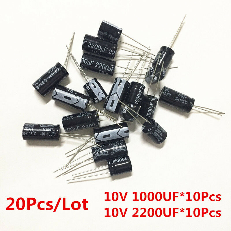20Pcs 10V 1000UF 2200UF Radial Electrolytic Capacitor Assorted Kit Assortment