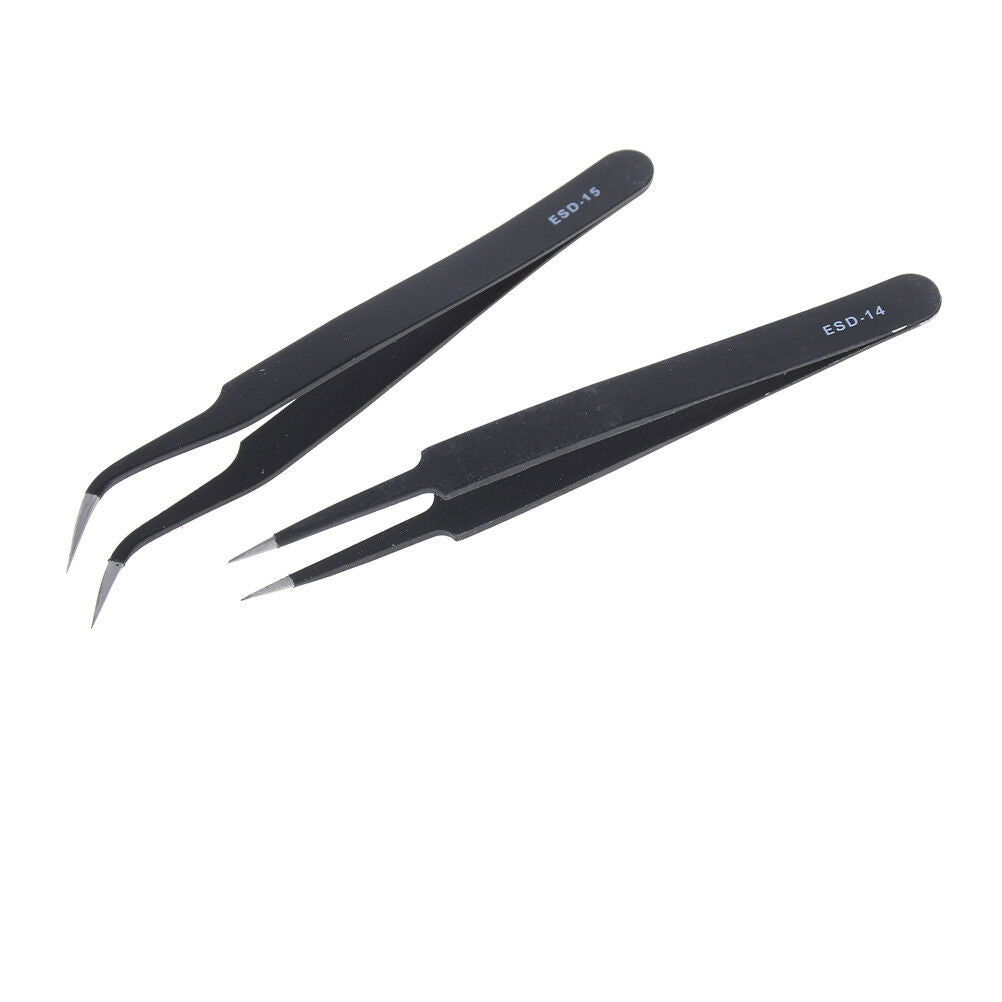 2PCS Anti-static Curved Straight Tip Precision Tweezers Set Electronic ESD ToDD