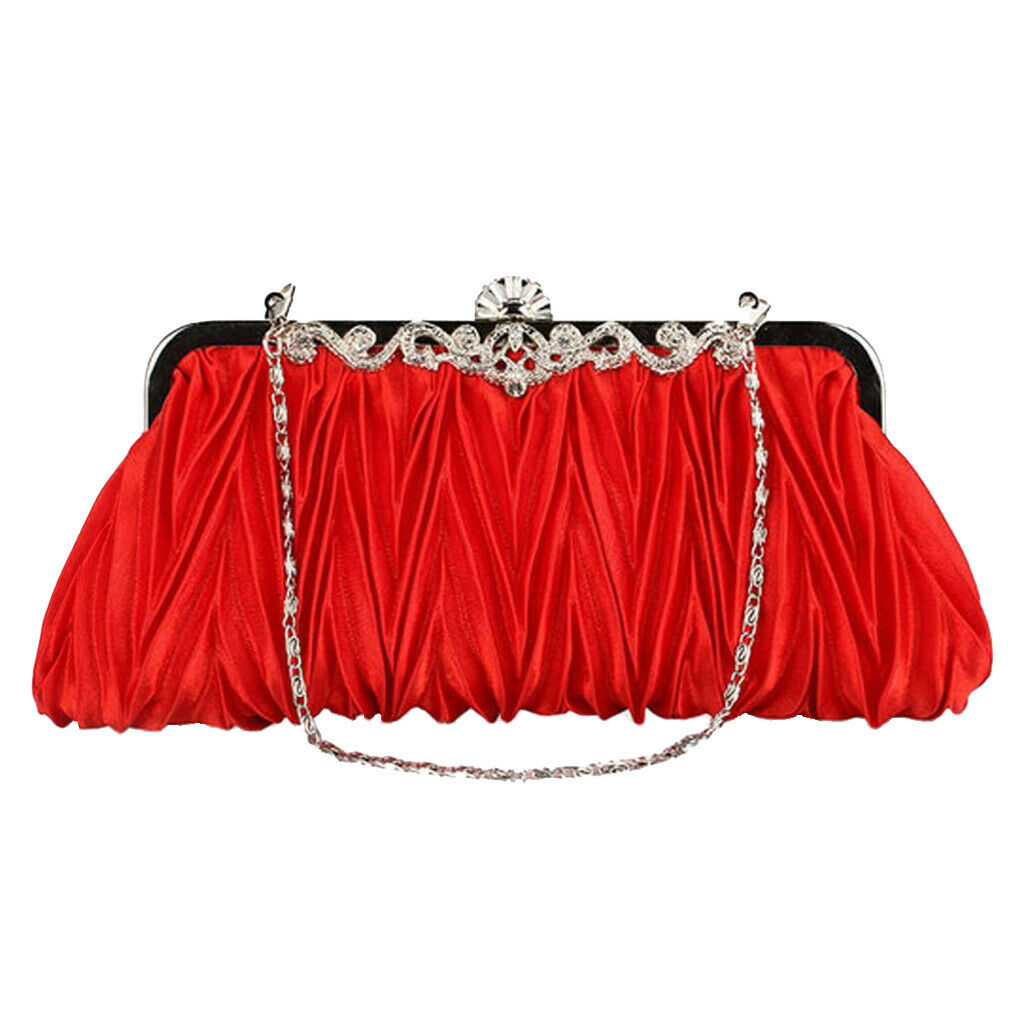 Satin Evening Handbag Shoulder Chain Bag Crystal Wedding Clutch Red