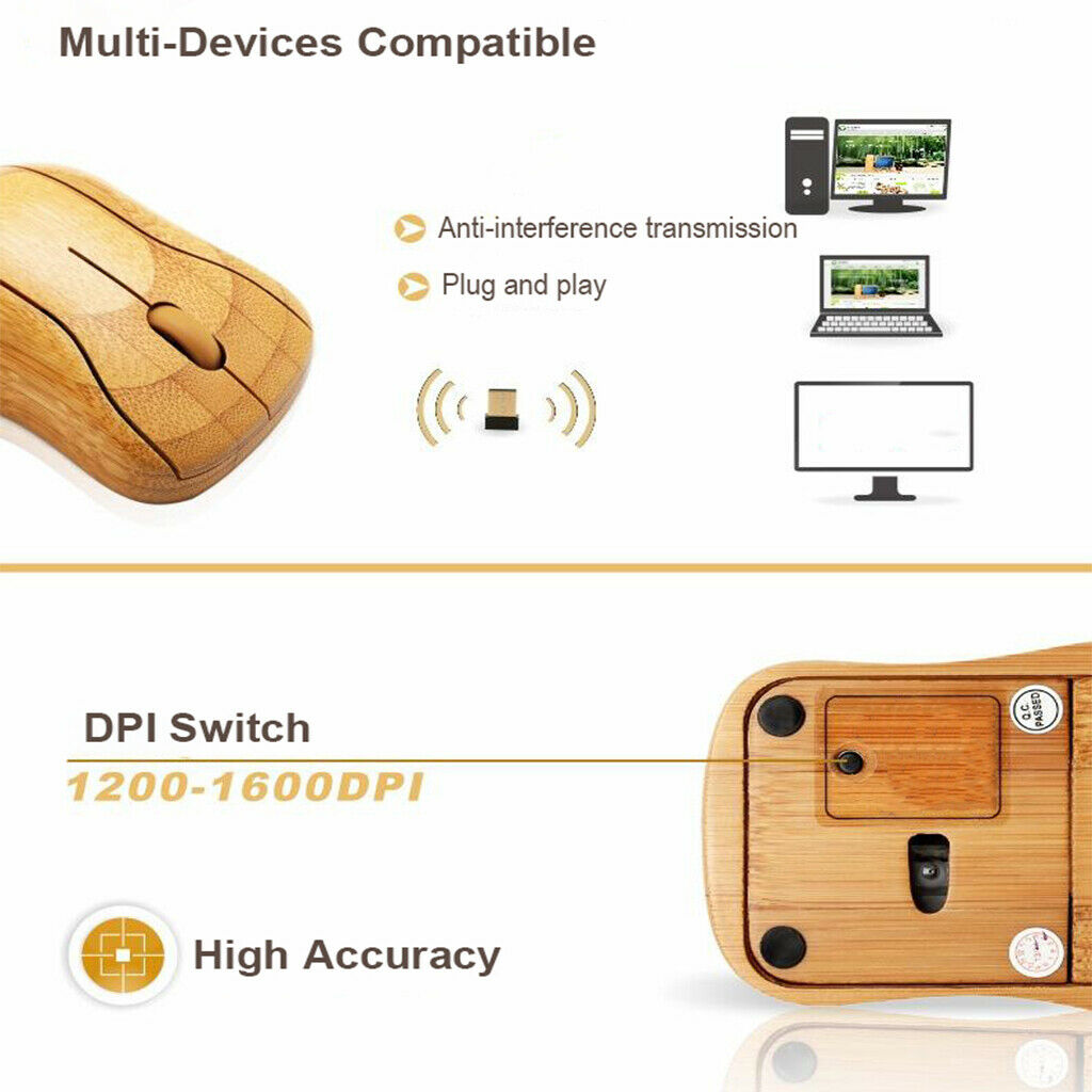 Natural Bamboo  Wireless Optical Mouse for Notebook Laptop PC Computers