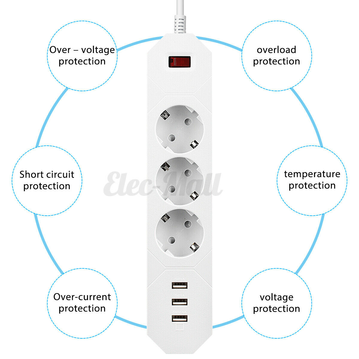 1.8M 3 Outlet Power Strip Surge Protector with 3 USB Ports Lightningproof Socket