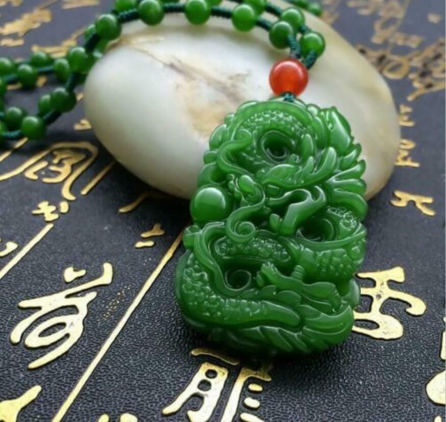 Natural Green Hand-carved Chinese Hetian Jade Pendant - Dragon - Free Necklace