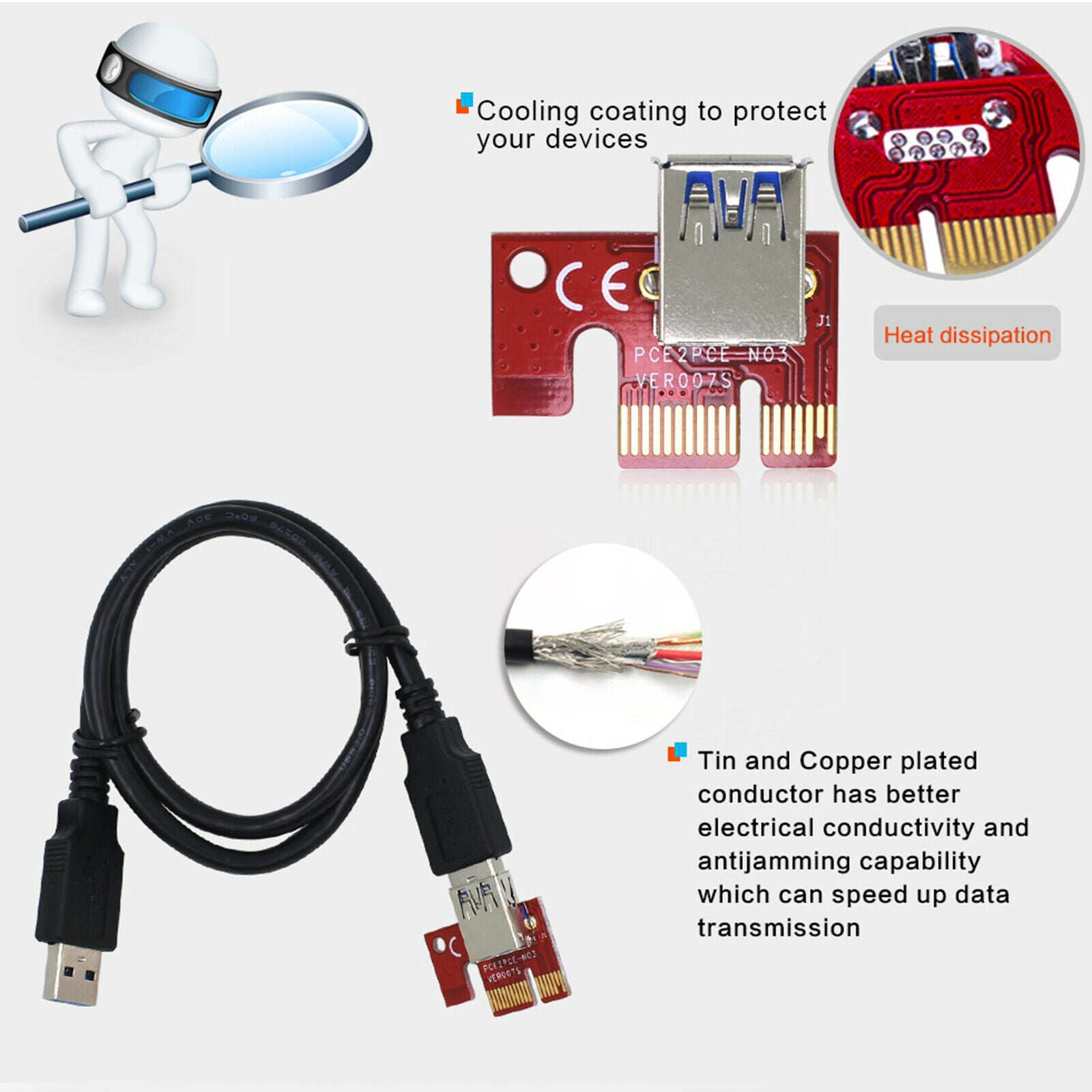 5x VER007 PCI-E GPU Riser Card 007S PCI Express USB 3.0 for Ethereum Mining
