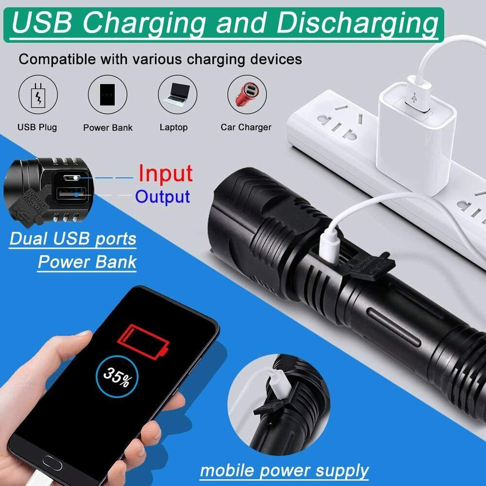 USB Portable Ultra-clear Flashlight LED Zoom Camping Light Outdoor Waterproof