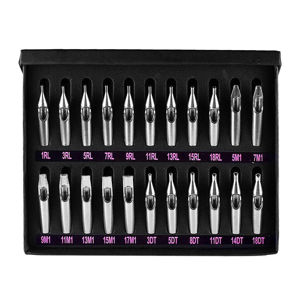 22Pcs Stainless Steel Tattoo Nozzles Tips + 6Pcs Aluminum Ribbed Grips Set
