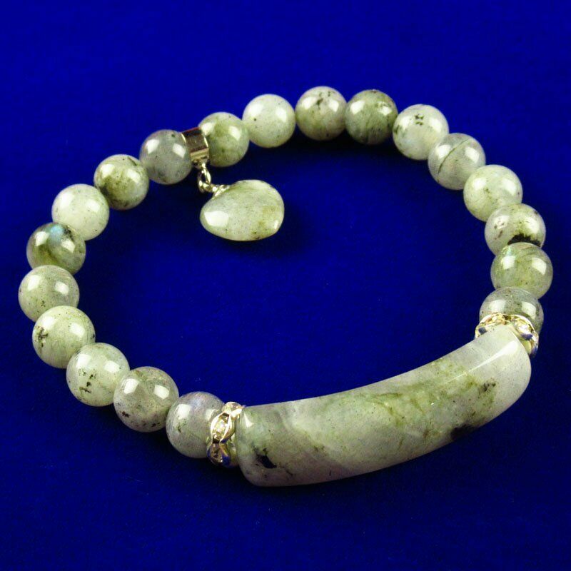 Natural Blue Flame Labradorite Oblong Heart Rhinestone Stretchy Bracelet 60SL