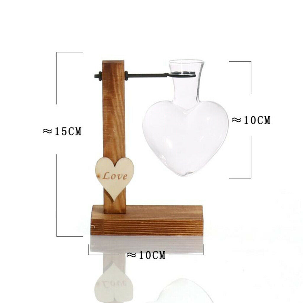 Modern Love Heart Shape Tabletop Glass Hydroponic Flower Vase w/Wooden Stand
