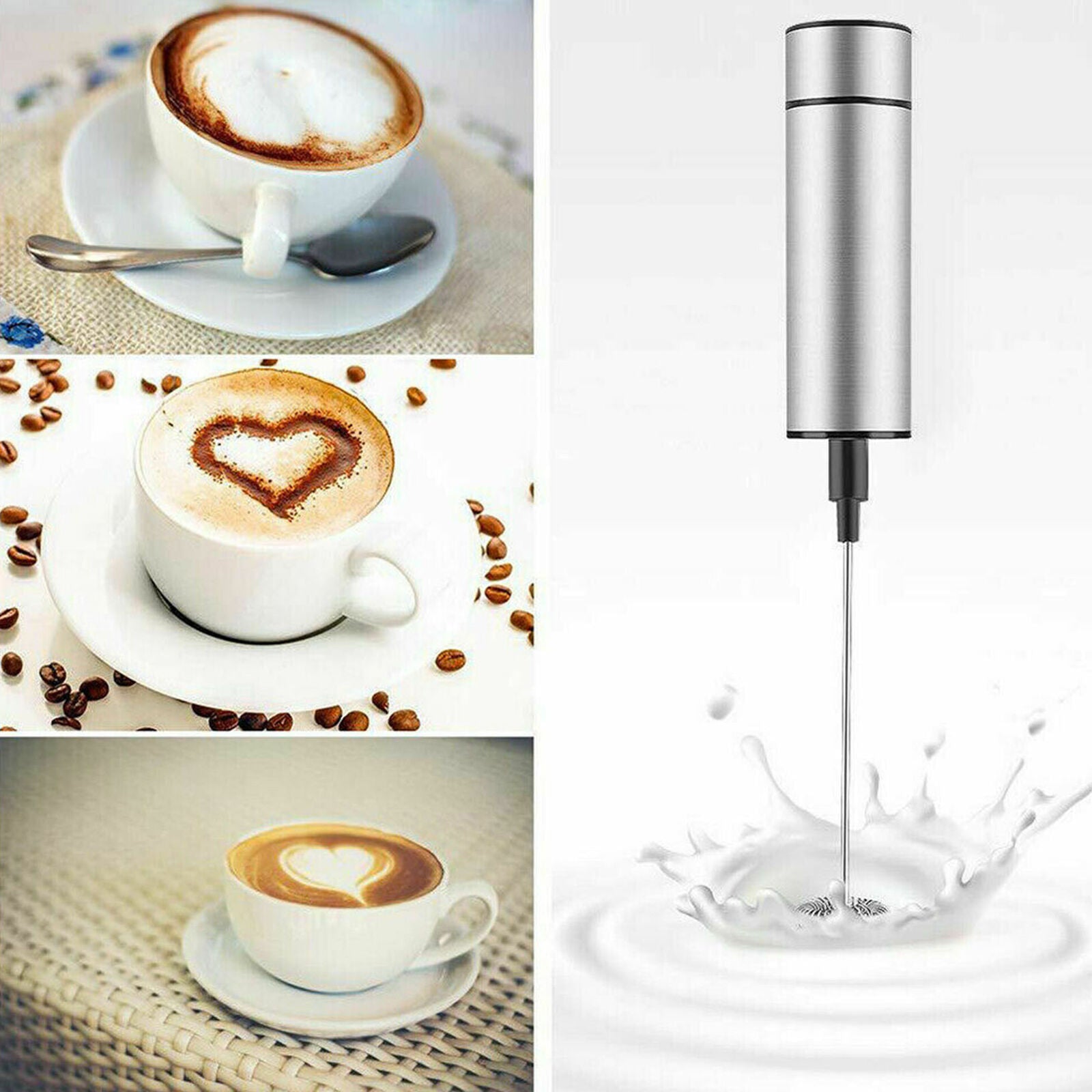 Electric Milk Frother W/ 3 Spring Whisk Head Drink Mixer Coffee Foam Maker Tool