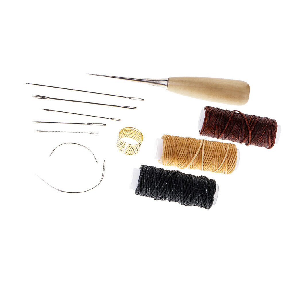 12 Pieces Basic Hand Sewing Leathercraft Set Curved Needles Waxed Thread