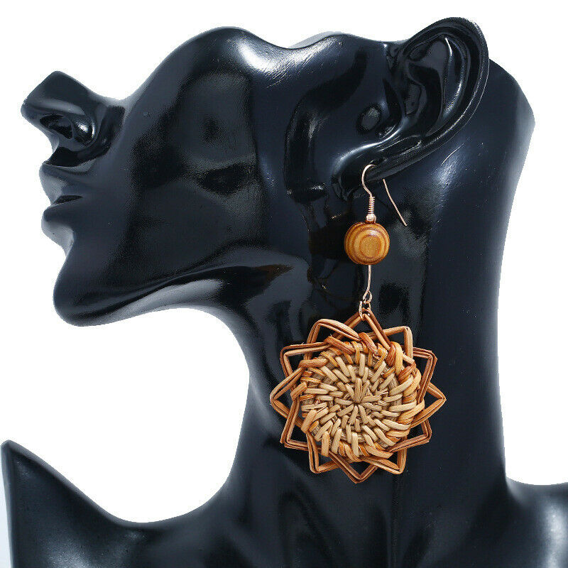 Handmade Wood Bamboo Rattan Geometric Pendant Ear Stud Earrings Women Jewelry Pb