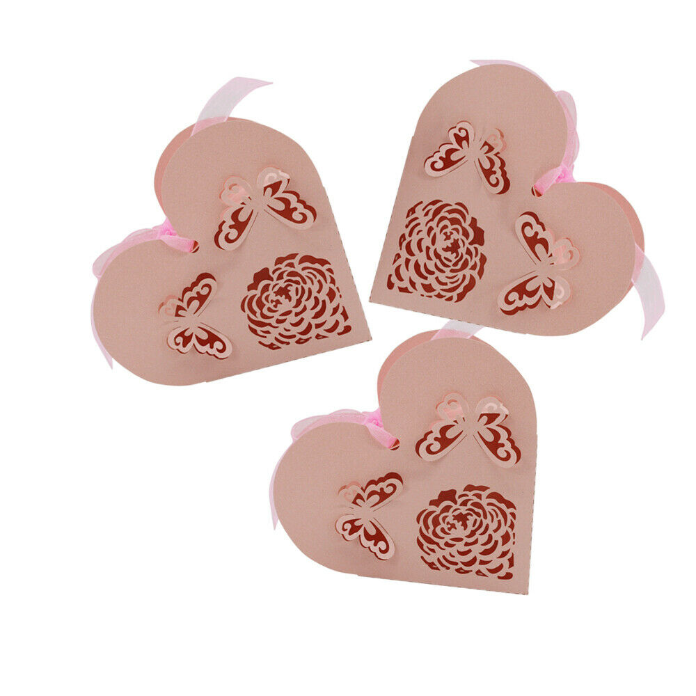 50pcs Paper Love Heart Hollow Candy Boxes Ribbon Wedding Party Favors Pink