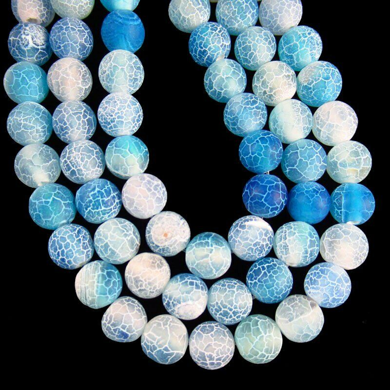 8mm Blue/White Fire Agate Round Ball Pendant Loose Bead 15.5 inch A-615TZ