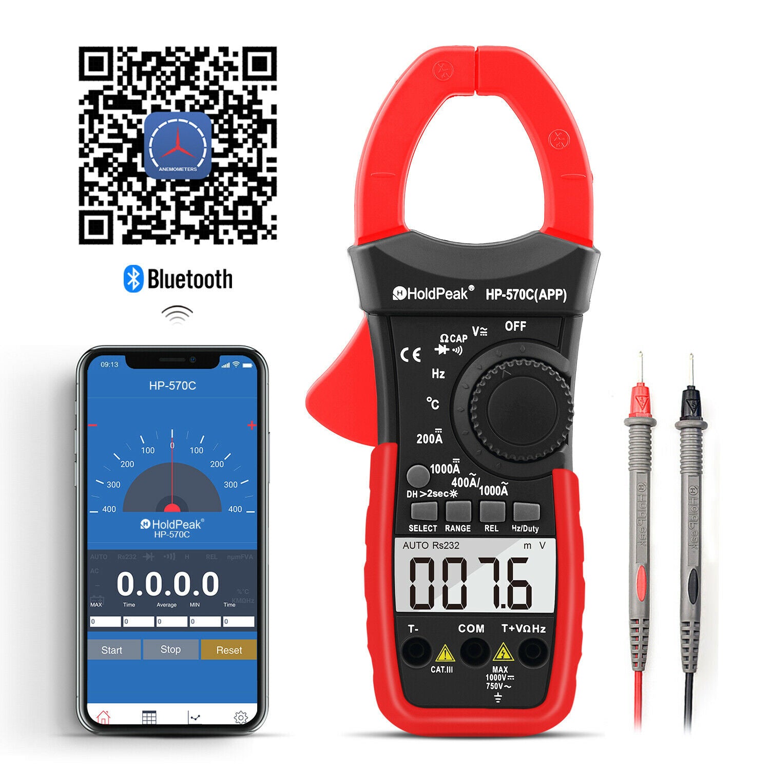 Holdpeak 570C-App Digital Clamp Meter Multimeter Handheld Volt Amp Tester Dmm