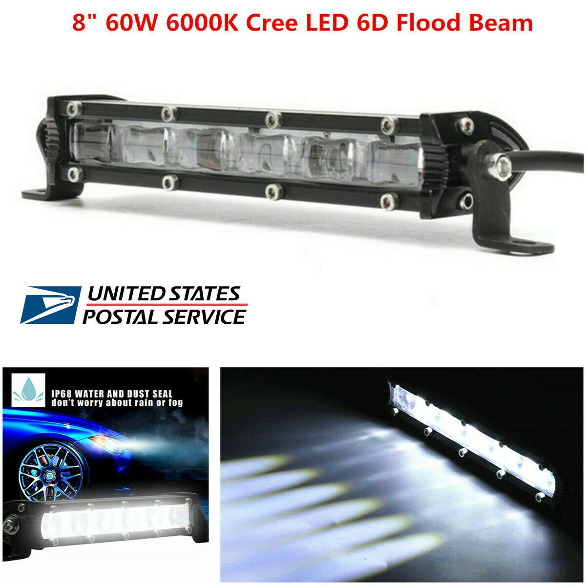 7"inch  LED 60W Single Row Car Off Road LED Work Light Bar 6D Flood Beam-USA
