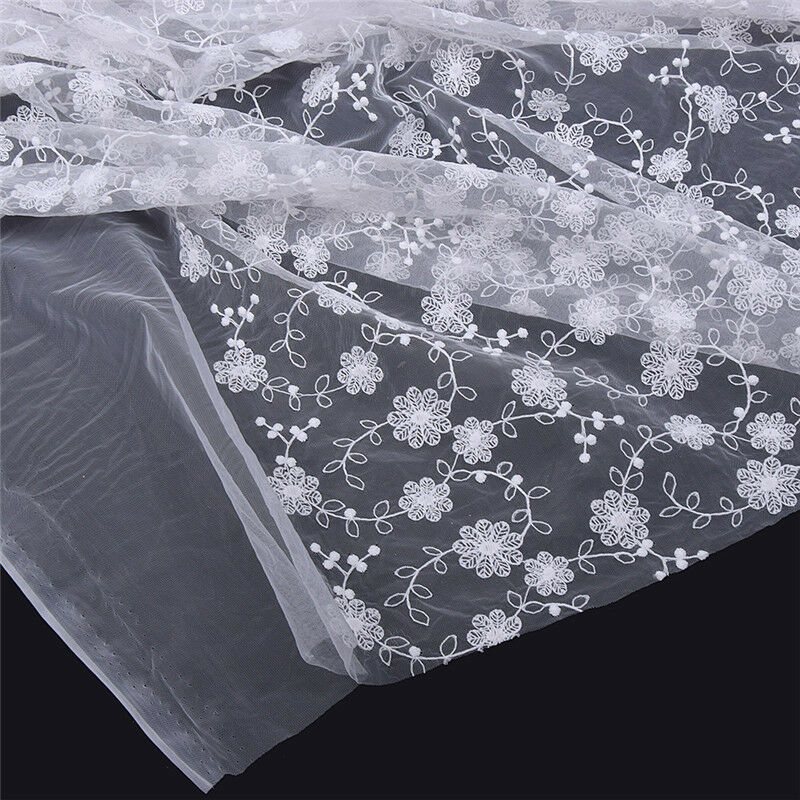 1yd White Flower Embroidered Lace Fabric DIY Dress Skirt Making Accessories