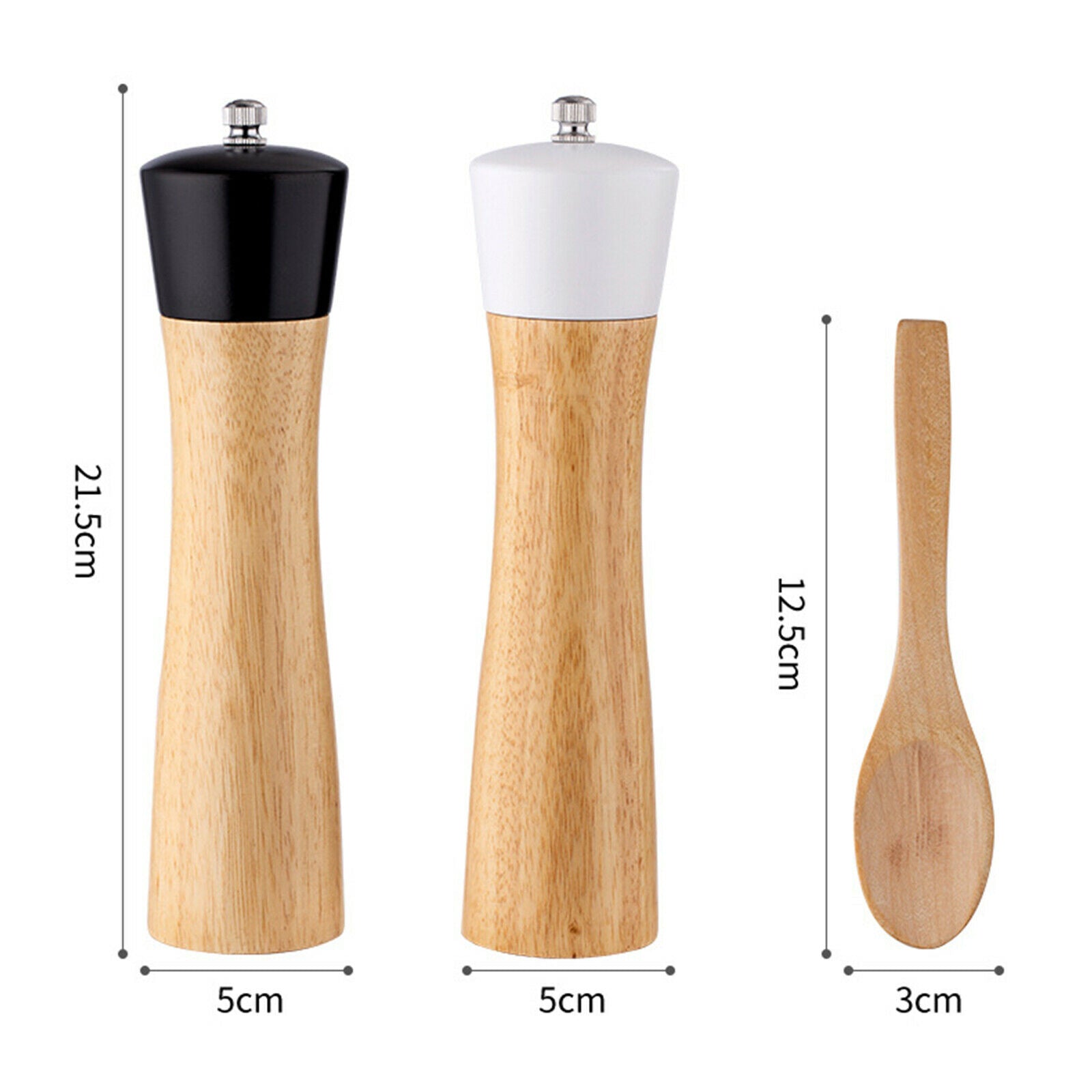Wood Salt and Pepper Grinder Set Adjustable Shaker Mill Kitchen with a Spoon