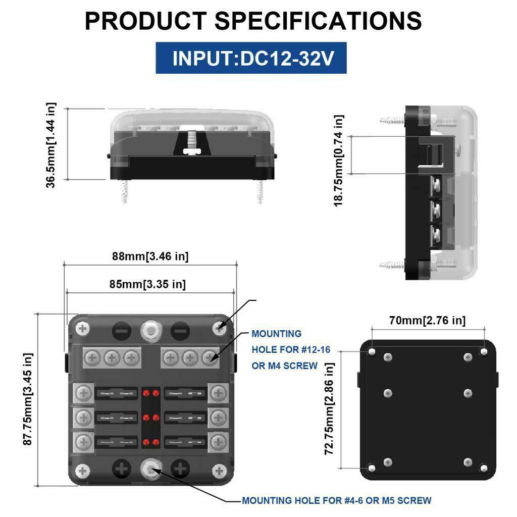Universal 32V 6-Way Blade Fuse Box with LED Indicator and Protection Cover