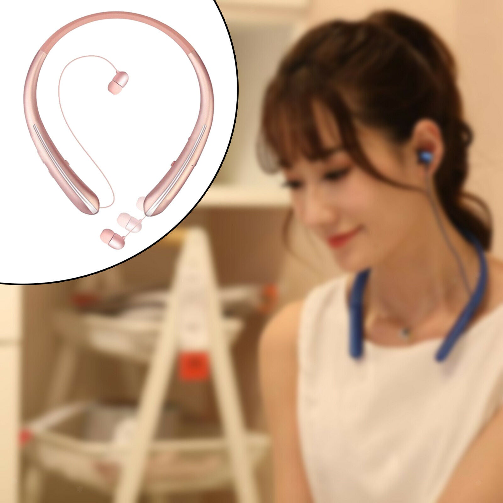 Wireless Women Bluetooth 5.0 Retractable Earbuds HD Headset Sports Neckband