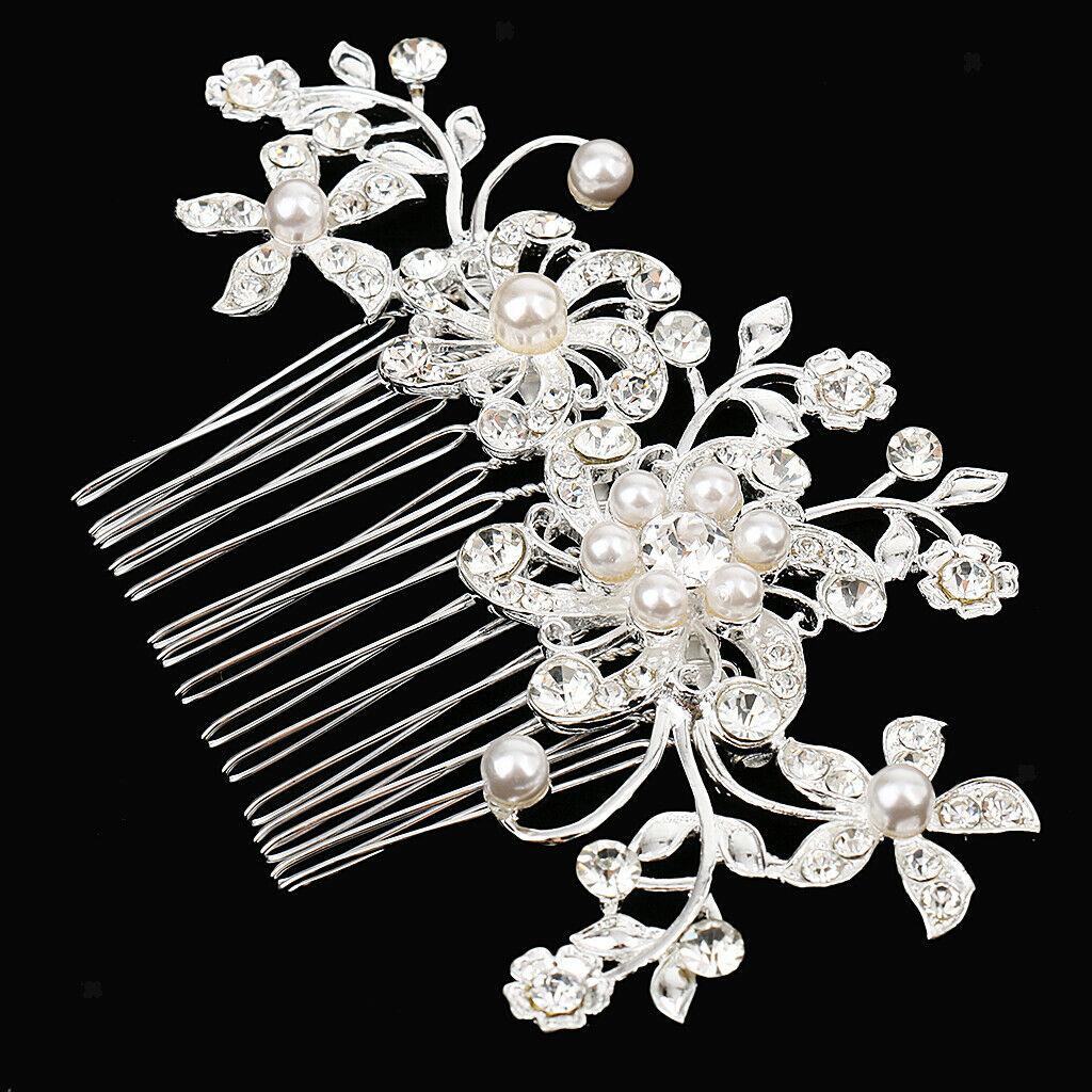 Women Bridal Wedding Flower Crystal Rhinestones Pearls Hair Clip Comb