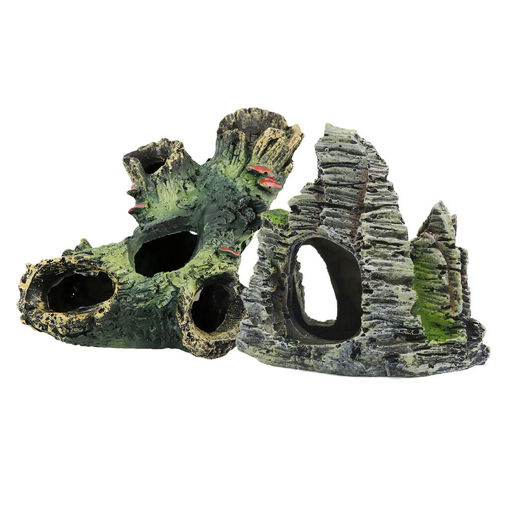 Set Of 2 Fish Tank Aquarium Decor Ornaments Hollow Tree & Mountain Cave