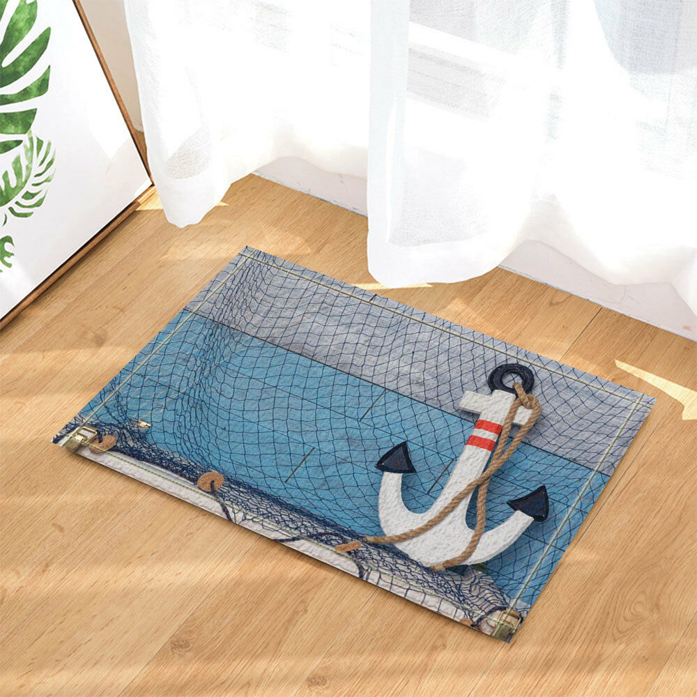 Anchor With Rope On Wooden Board Bathroom Rug Non-Slip Floor Indoor Door Mat