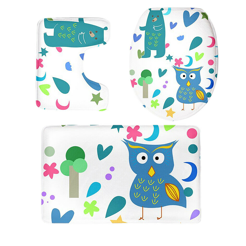 3PCS Owl Series Bathroom Toilet Covers Set Flannel Mats Bathroom Rug 5