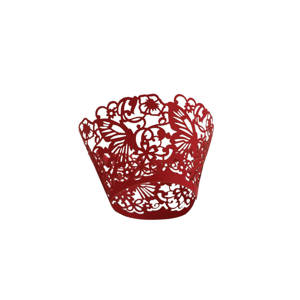 50x Pearly Paper Butterfly Lace Cup Cake Wrappers Wedding Party Decor Red