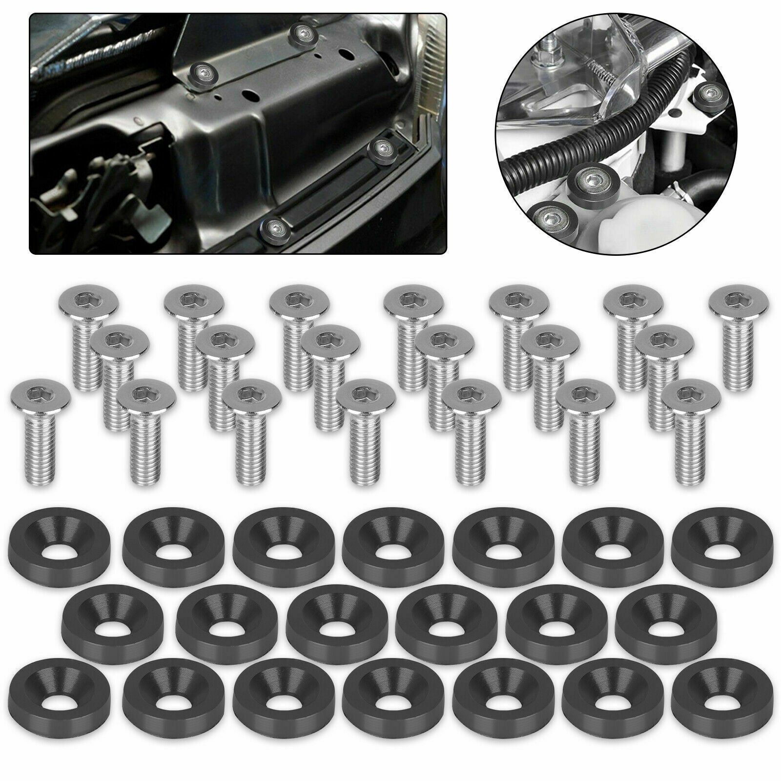 20pcs Balck Billet Aluminum Fender Bumper Washer/bolt Engine Bay Dress Up Kit M6