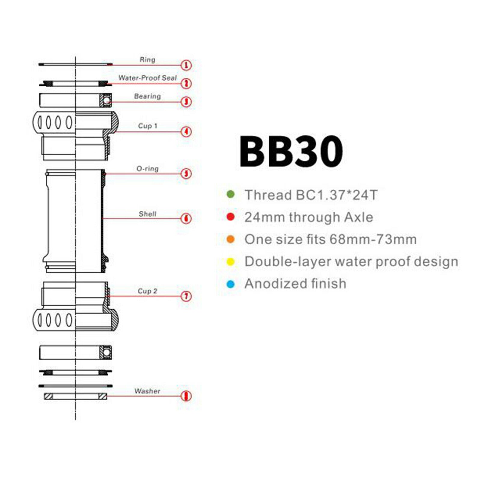 68-73mm Bike Bottom Bracket Screw In Hollow BB 24mm Axle Crankset Parts