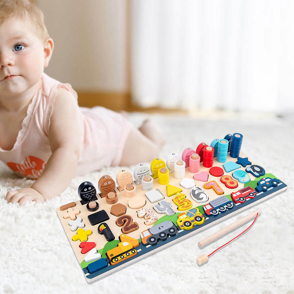 Wood Number Puzzle Shape Match Pegs Board Counting Sorting Fishing Game Early