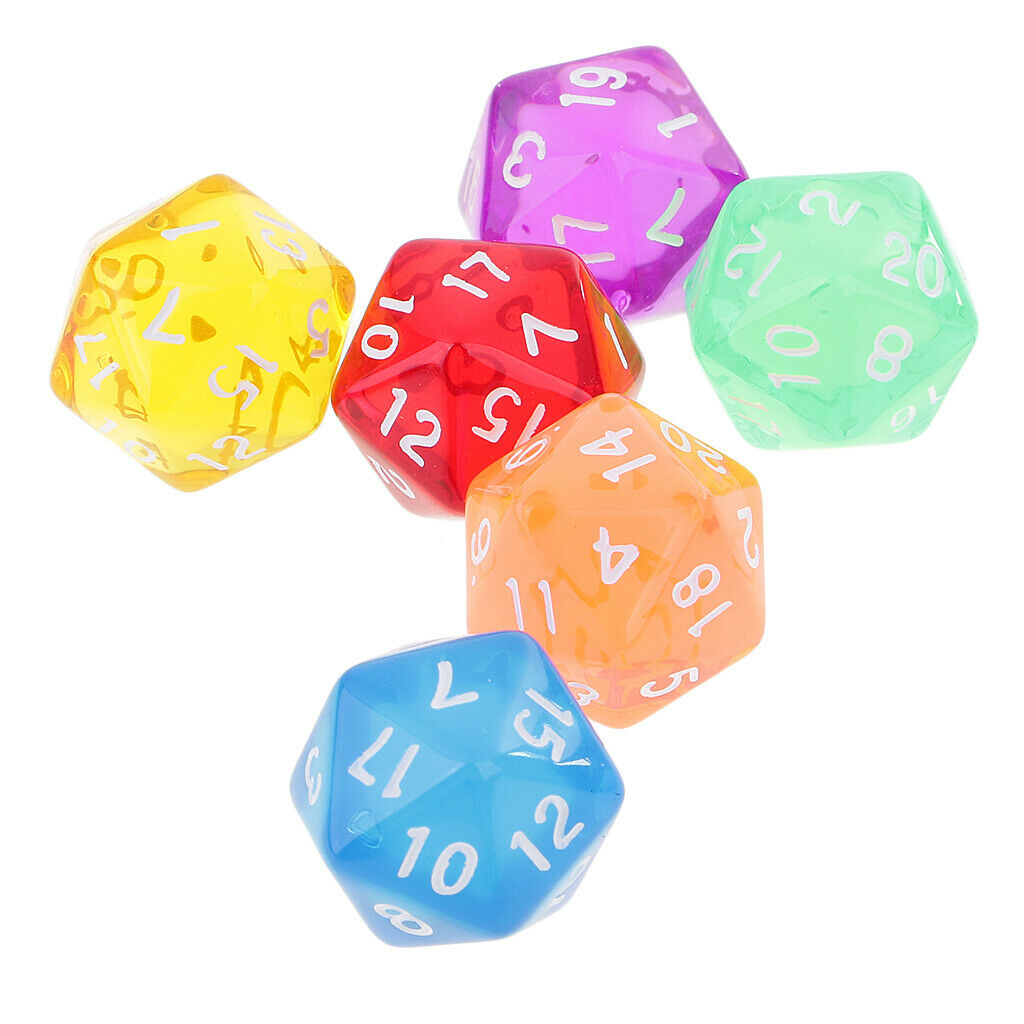 6pcs 20 Sided D20 Clear Colorful Dice for Playing  D&D RPG