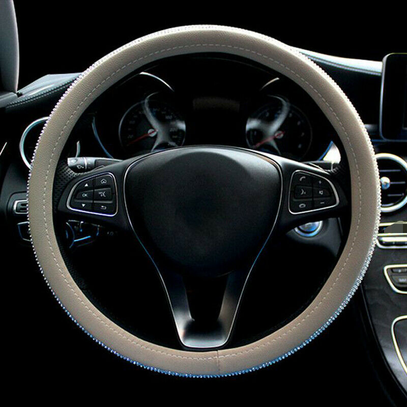 15'' Beige Crystal Front Car Steering Wheel Cover w/ Bling Rhinestone PU Leather